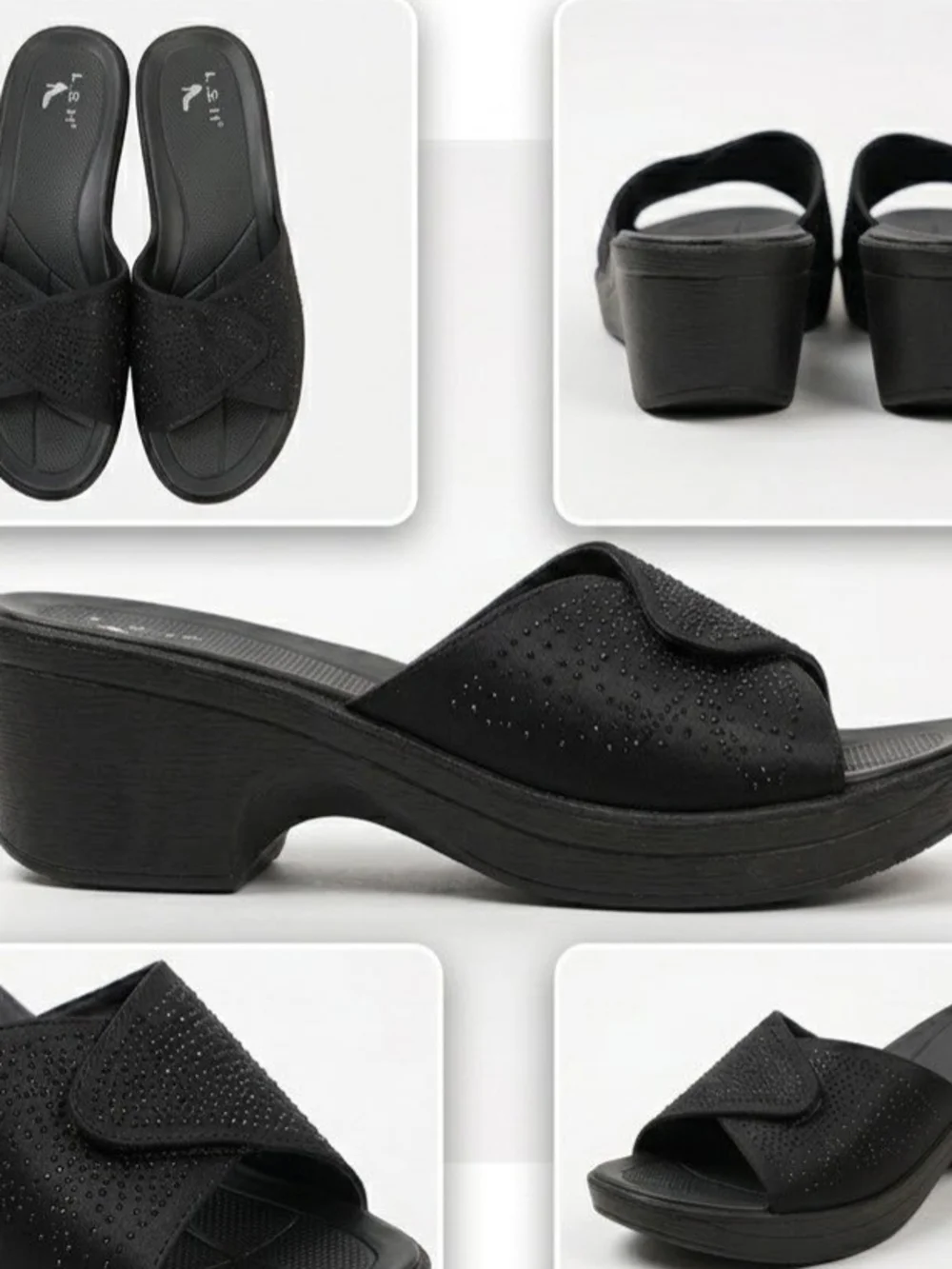 Comfort Plus Black Wedge Slide Sandals with Crystal Accent
